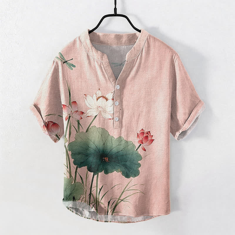 Buddha Stones Cotton Lotus Dragonfly Pattern Men's Short Sleeve Half Button Shirt - LightPink - US/UK/AU50，EU60 (5XL) - image 3