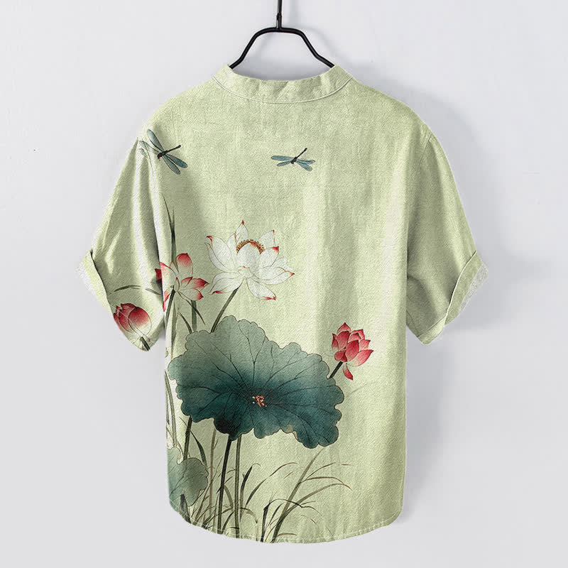 Buddha Stones Cotton Lotus Dragonfly Pattern Men's Short Sleeve Half Button Shirt - image 6