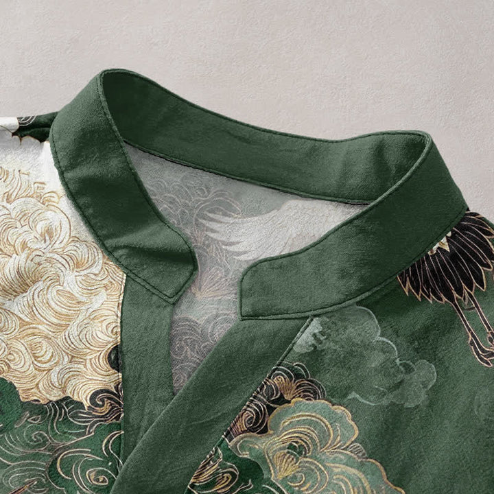 Buddha Stones Cotton Crane Cloud Pattern Men's Short Sleeve Half Button Shirt - image 2