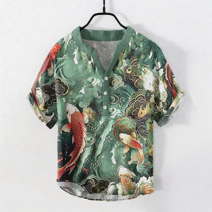 Buddha Stones Cotton Koi Fish Wave Pattern Men's Short Sleeve Half Button Shirt - MediumSeaGreen - US/UK/AU50，EU60 (5XL) - image 0