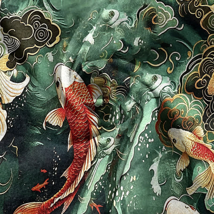 Buddha Stones Cotton Koi Fish Wave Pattern Men's Short Sleeve Half Button Shirt - image 4