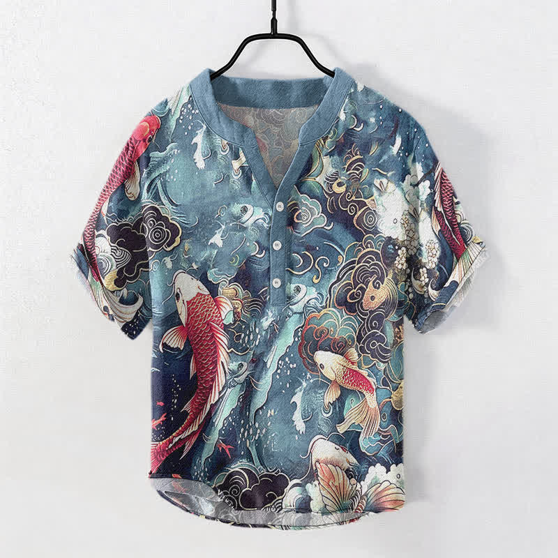 Buddha Stones Cotton Koi Fish Wave Pattern Men's Short Sleeve Half Button Shirt - Turquoise - US/UK/AU50，EU60 (5XL) - image 5