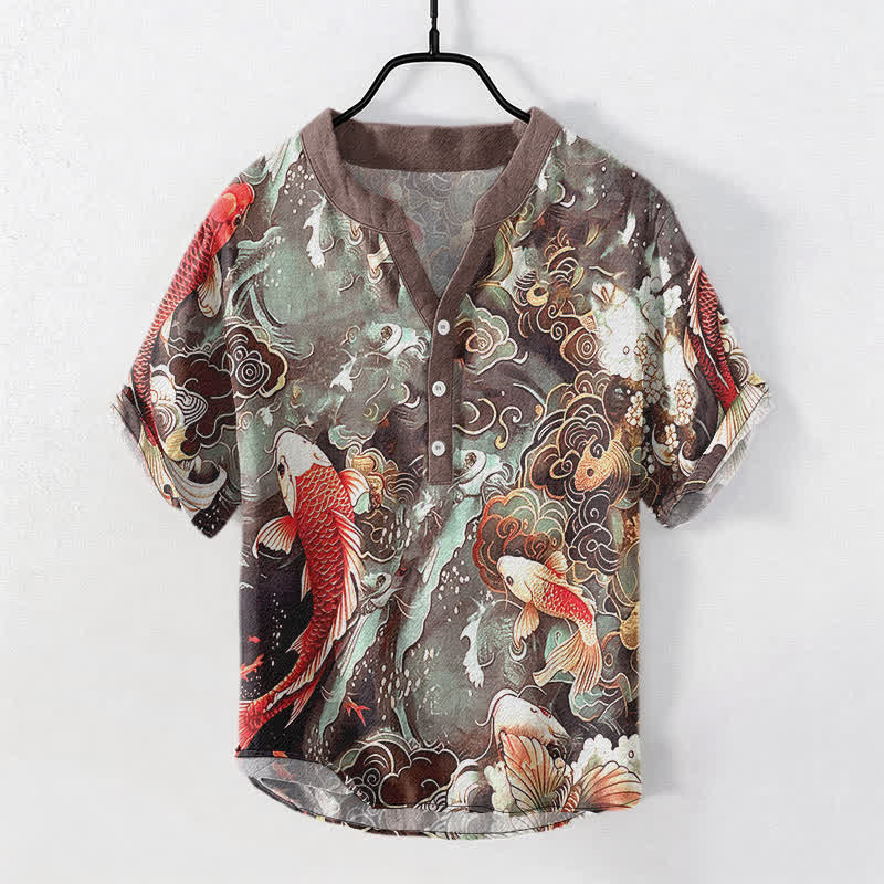 Buddha Stones Cotton Koi Fish Wave Pattern Men's Short Sleeve Half Button Shirt - Sienna - US/UK/AU50，EU60 (5XL) - image 7