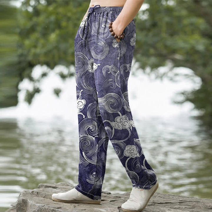 Buddha Stones Cotton Cloud Wave Pattern Men's Tapered Pants With Pockets - image 1