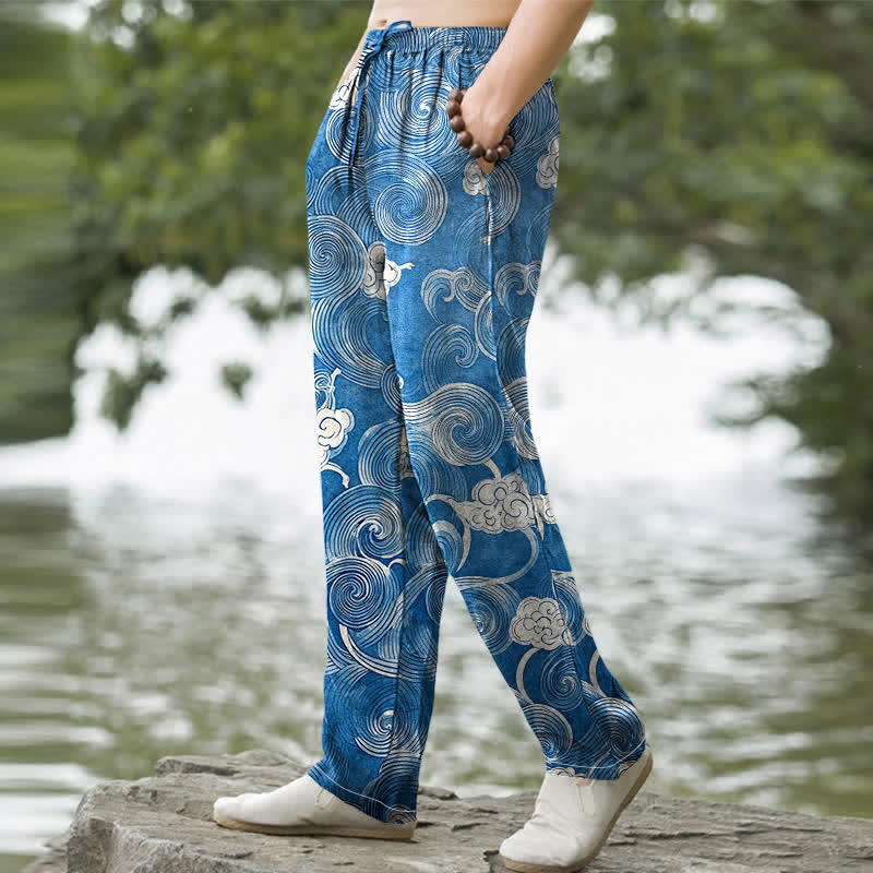 Buddha Stones Cotton Cloud Wave Pattern Men's Tapered Pants With Pockets - image 5
