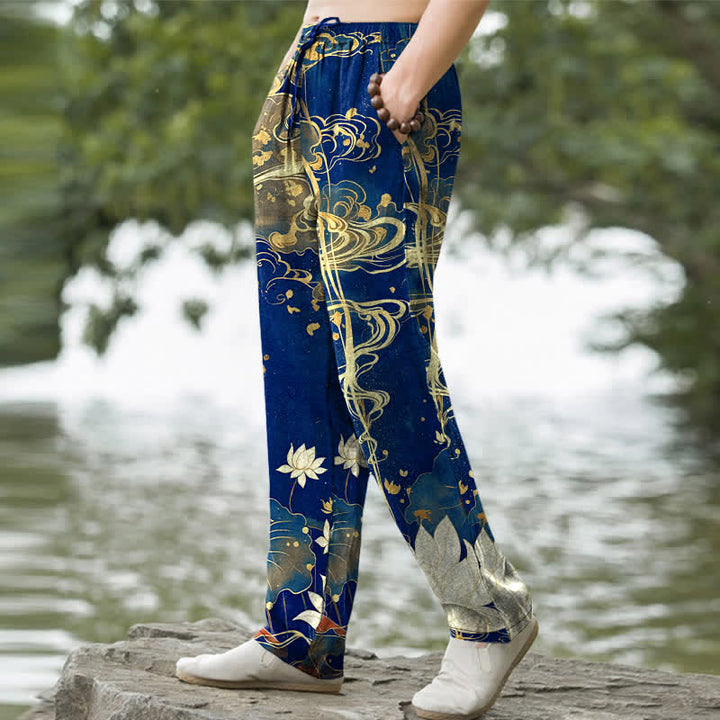 Buddha Stones Cotton Lotus Cloud Pattern Men's Tapered Pants With Pockets - image 5