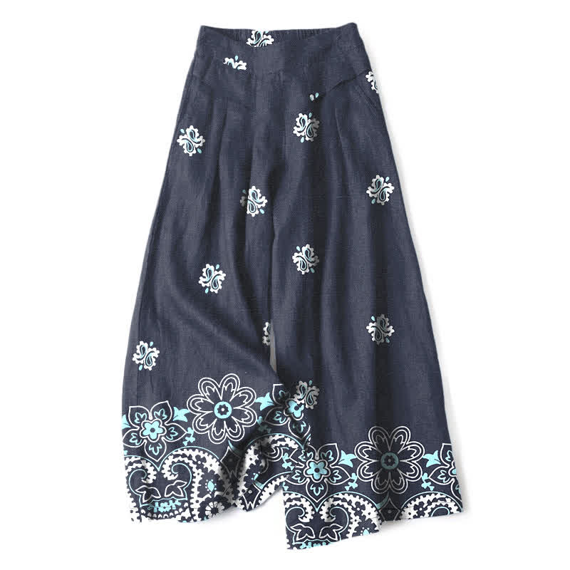 Buddha Stones Cotton Linen Bohemian Floral Pattern Women's Elastic Waist Wide Leg Pants With Pockets - Navy - US16，UK/AU20，EU48 (3XL) - image 0