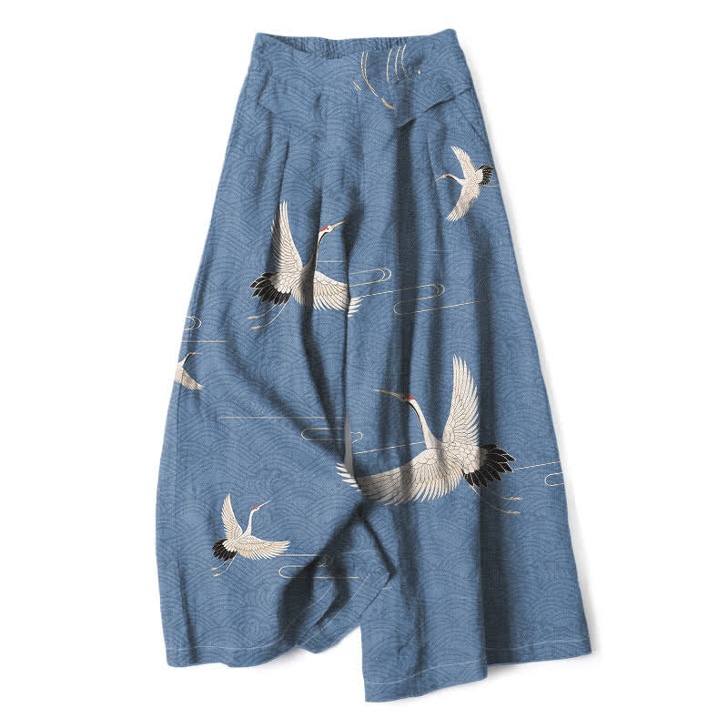 Buddha Stones Cotton Linen Crane Wave Pattern Women's Elastic Waist Wide Leg Pants With Pockets - SteelBlue - US16，UK/AU20，EU48 (3XL) - image 0