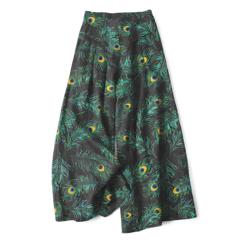 Buddha Stones Cotton Linen Peacock Feather Pattern Women's Elastic Waist Wide Leg Pants With Pockets - Black - US16，UK/AU20，EU48 (3XL) - image 0