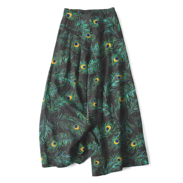 Buddha Stones Cotton Linen Peacock Feather Pattern Women's Elastic Waist Wide Leg Pants With Pockets - Black - US16，UK/AU20，EU48 (3XL) - image 0
