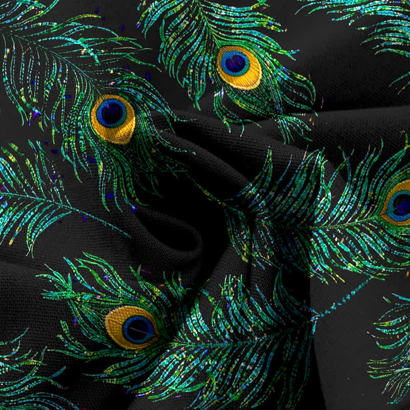 Buddha Stones Cotton Linen Peacock Feather Pattern Women's Elastic Waist Wide Leg Pants With Pockets - image 3