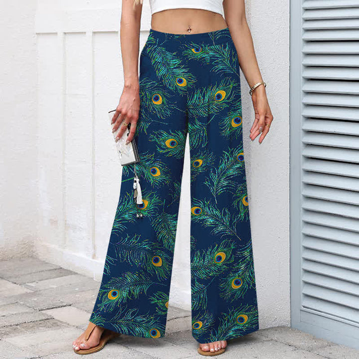 Buddha Stones Cotton Linen Peacock Feather Pattern Women's Elastic Waist Wide Leg Pants With Pockets - image 5