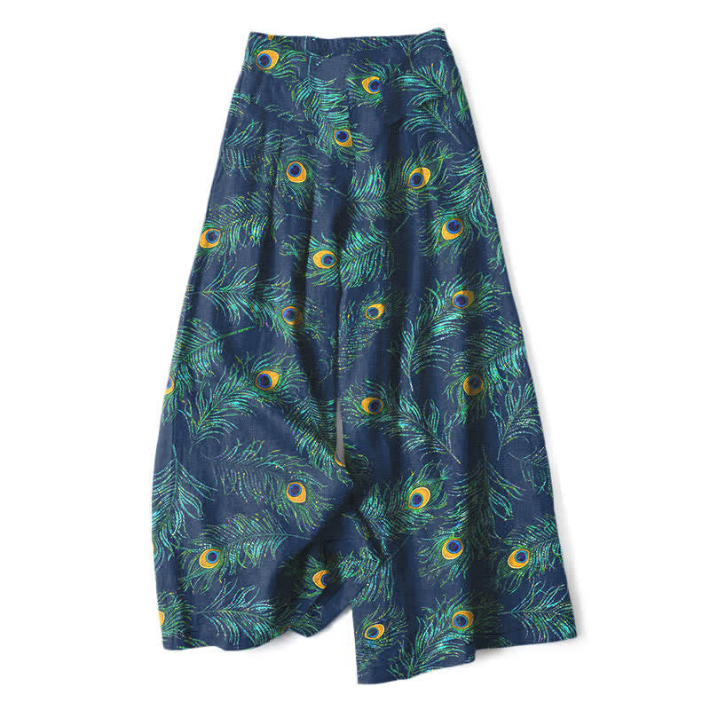 Buddha Stones Cotton Linen Peacock Feather Pattern Women's Elastic Waist Wide Leg Pants With Pockets - Navy - US16，UK/AU20，EU48 (3XL) - image 4