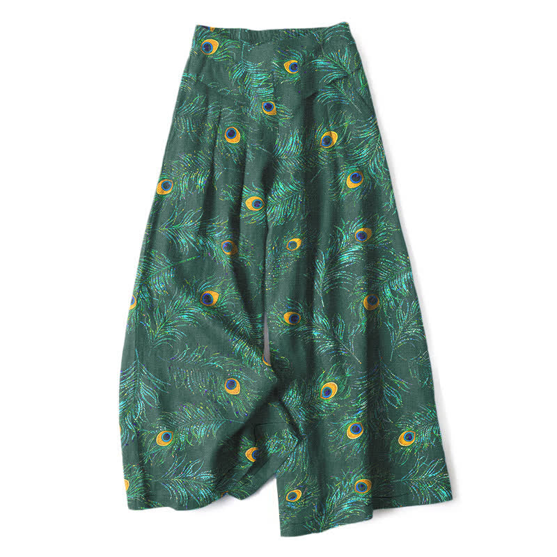 Buddha Stones Cotton Linen Peacock Feather Pattern Women's Elastic Waist Wide Leg Pants With Pockets - ForestGreen - US16，UK/AU20，EU48 (3XL) - image 6
