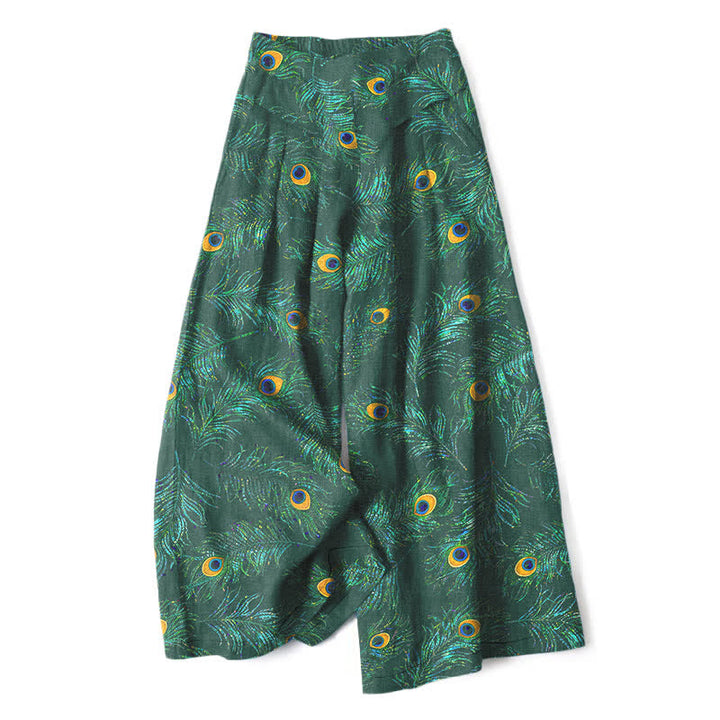 Buddha Stones Cotton Linen Peacock Feather Pattern Women's Elastic Waist Wide Leg Pants With Pockets - ForestGreen - US16，UK/AU20，EU48 (3XL) - image 6