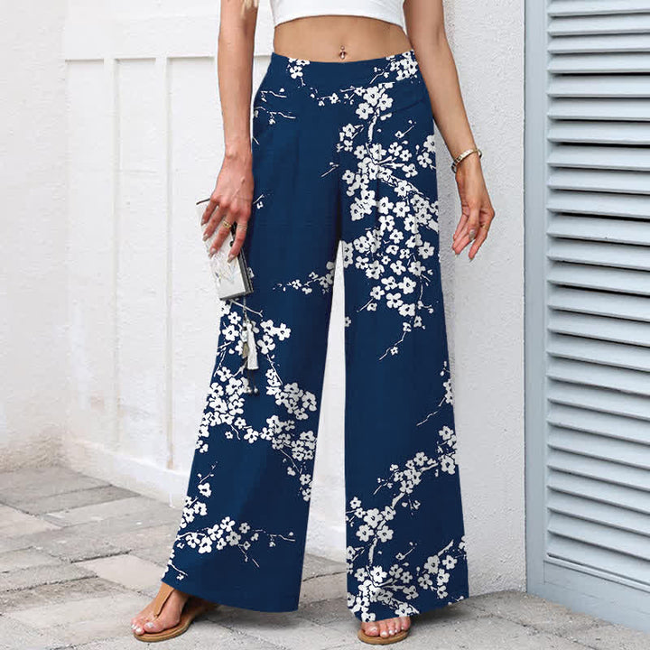 Buddha Stones Cotton Linen White Sakura Branch Pattern Women's Elastic Waist Wide Leg Pants With Pockets - image 1