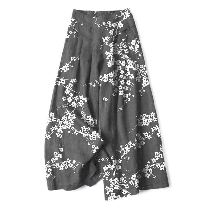 Buddha Stones Cotton Linen White Sakura Branch Pattern Women's Elastic Waist Wide Leg Pants With Pockets - DimGray - US16，UK/AU20，EU48 (3XL) - image 6