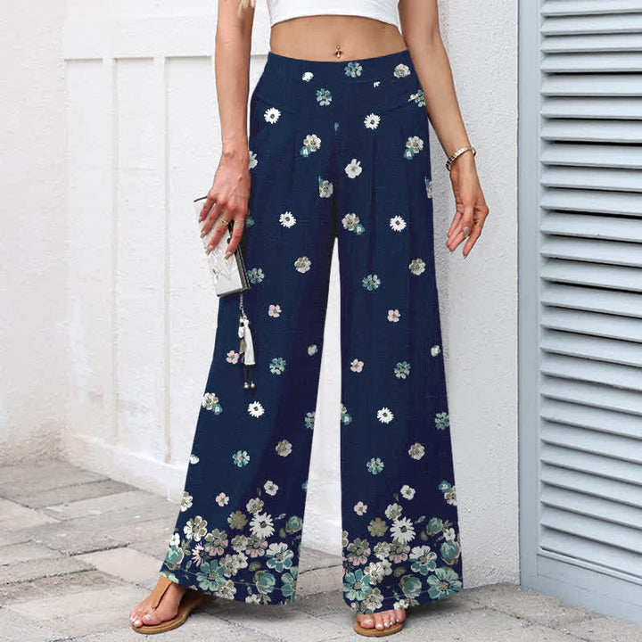 Buddha Stones Cotton Linen Vintage Daisy Floral Pattern Women's Elastic Waist Wide Leg Pants With Pockets - image 5