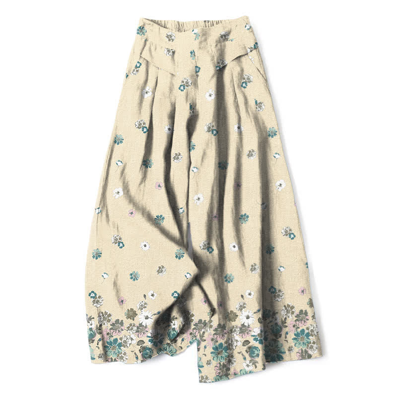 Buddha Stones Cotton Linen Vintage Daisy Floral Pattern Women's Elastic Waist Wide Leg Pants With Pockets - Beige - US16，UK/AU20，EU48 (3XL) - image 6