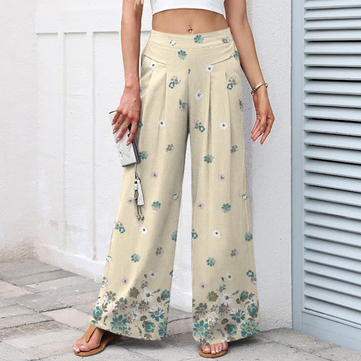 Buddha Stones Cotton Linen Vintage Daisy Floral Pattern Women's Elastic Waist Wide Leg Pants With Pockets - image 7