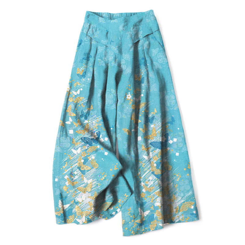 Buddha Stones Cotton Linen Bohemian Floral Gold Butterflies Pattern Women's Elastic Waist Wide Leg Pants With Pockets - DeepSkyBlue - US16，UK/AU20，EU48 (3XL) - image 0