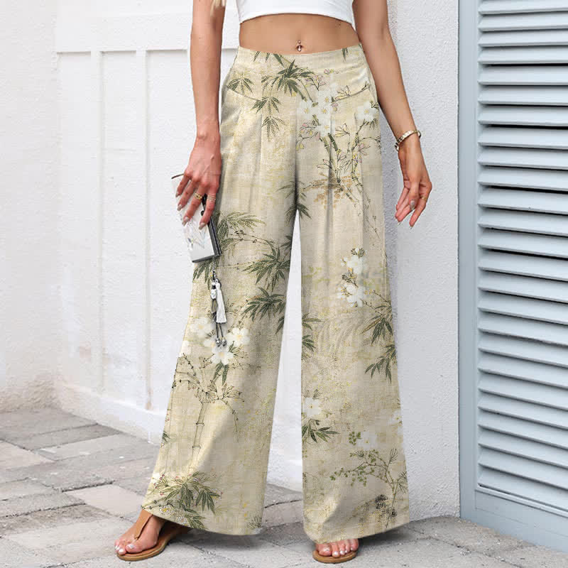 Buddha Stones Cotton Linen Bamboo Leaf Pattern Women's Elastic Waist Wide Leg Pants With Pockets - image 1