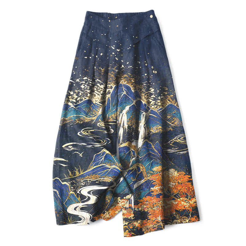 Buddha Stones Cotton Linen Oriental Landscape Pattern Women's Elastic Waist Wide Leg Pants With Pockets - Navy - US16，UK/AU20，EU48 (3XL) - image 4
