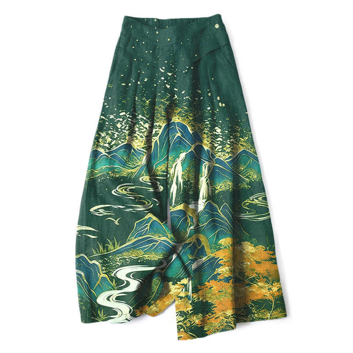 Buddha Stones Cotton Linen Oriental Landscape Pattern Women's Elastic Waist Wide Leg Pants With Pockets - ForestGreen - US16，UK/AU20，EU48 (3XL) - image 6