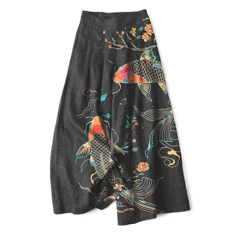 Buddha Stones Cotton Linen Koi Fish Floral Pattern Women's Elastic Waist Wide Leg Pants With Pockets - Black - US16，UK/AU20，EU48 (3XL) - image 0