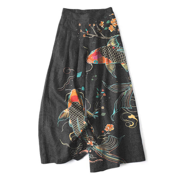 Buddha Stones Cotton Linen Koi Fish Floral Pattern Women's Elastic Waist Wide Leg Pants With Pockets - Black - US16，UK/AU20，EU48 (3XL) - image 0