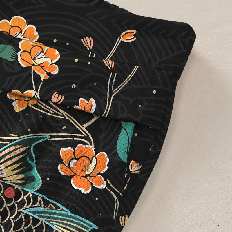 Buddha Stones Cotton Linen Koi Fish Floral Pattern Women's Elastic Waist Wide Leg Pants With Pockets - image 2
