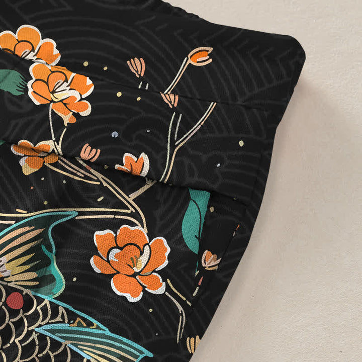 Buddha Stones Cotton Linen Koi Fish Floral Pattern Women's Elastic Waist Wide Leg Pants With Pockets - image 2