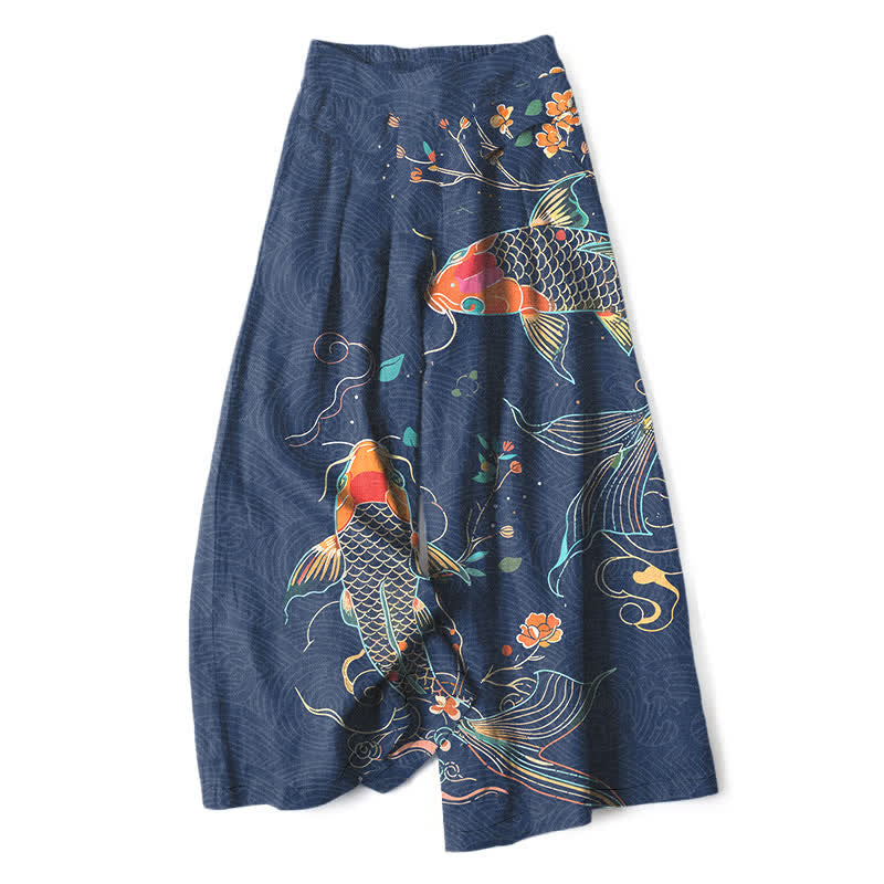 Buddha Stones Cotton Linen Koi Fish Floral Pattern Women's Elastic Waist Wide Leg Pants With Pockets - Navy - US16，UK/AU20，EU48 (3XL) - image 4