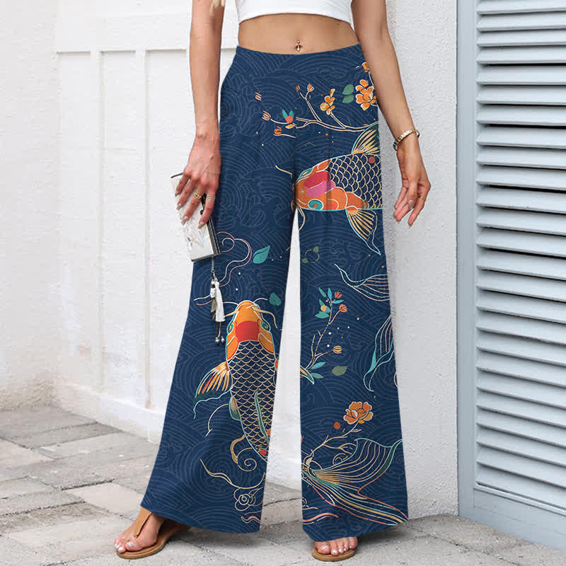 Buddha Stones Cotton Linen Koi Fish Floral Pattern Women's Elastic Waist Wide Leg Pants With Pockets - image 5