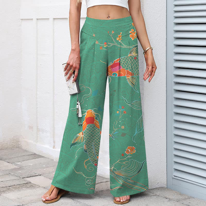 Buddha Stones Cotton Linen Koi Fish Floral Pattern Women's Elastic Waist Wide Leg Pants With Pockets - image 7