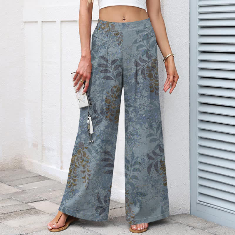 Buddha Stones Cotton Linen Vintage Leaf Pattern Women's Elastic Waist Wide Leg Pants With Pockets - image 1