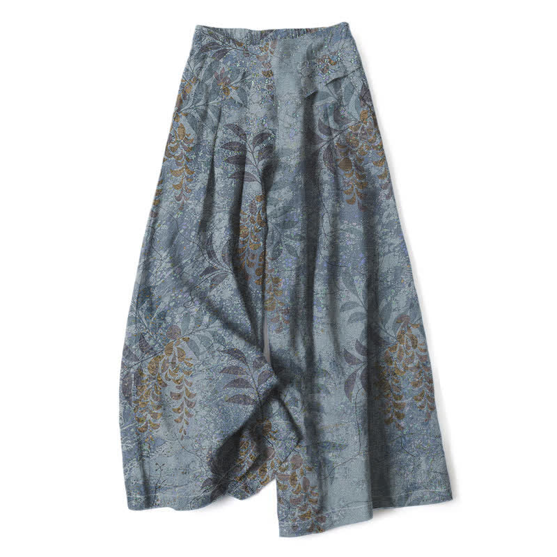 Buddha Stones Cotton Linen Vintage Leaf Pattern Women's Elastic Waist Wide Leg Pants With Pockets - LightSlateGray - US16，UK/AU20，EU48 (3XL) - image 0