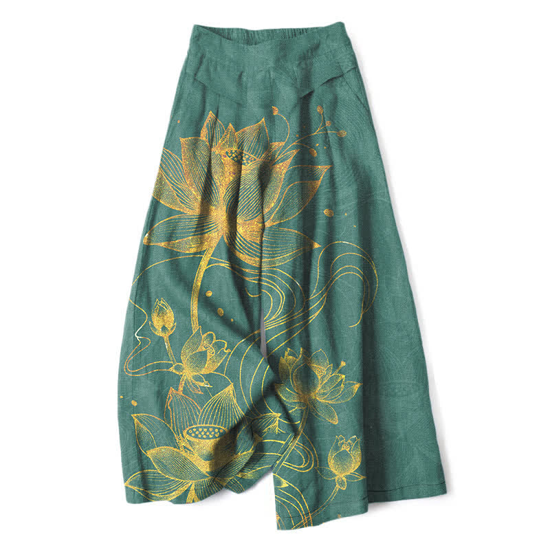 Buddha Stones Cotton Linen Gold Lotus Pattern Women's Elastic Waist Wide Leg Pants With Pockets - SeaGreen - US16，UK/AU20，EU48 (3XL) - image 0