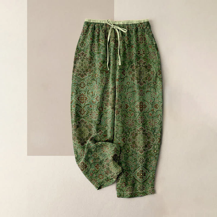 Buddha Stones Pure Cotton Bohemian Floral Pattern Women's Elastic Waist Pants With Pockets - OliveDrab - US16，UK/AU20，EU48 (3XL) - image 3