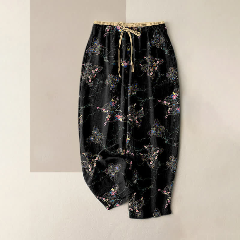 Buddha Stones Pure Cotton Vintage Floral Butterfly Pattern Women's Elastic Waist Pants With Pockets - Black - US16，UK/AU20，EU48 (3XL) - image 0