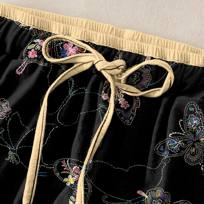 Buddha Stones Pure Cotton Vintage Floral Butterfly Pattern Women's Elastic Waist Pants With Pockets - image 1