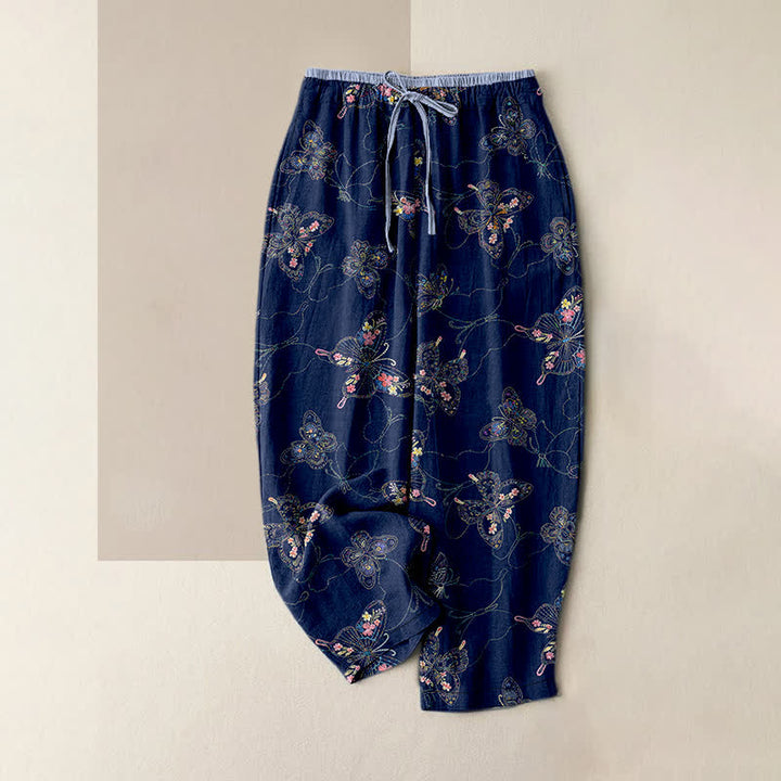 Buddha Stones Pure Cotton Vintage Floral Butterfly Pattern Women's Elastic Waist Pants With Pockets - Navy - US16，UK/AU20，EU48 (3XL) - image 4