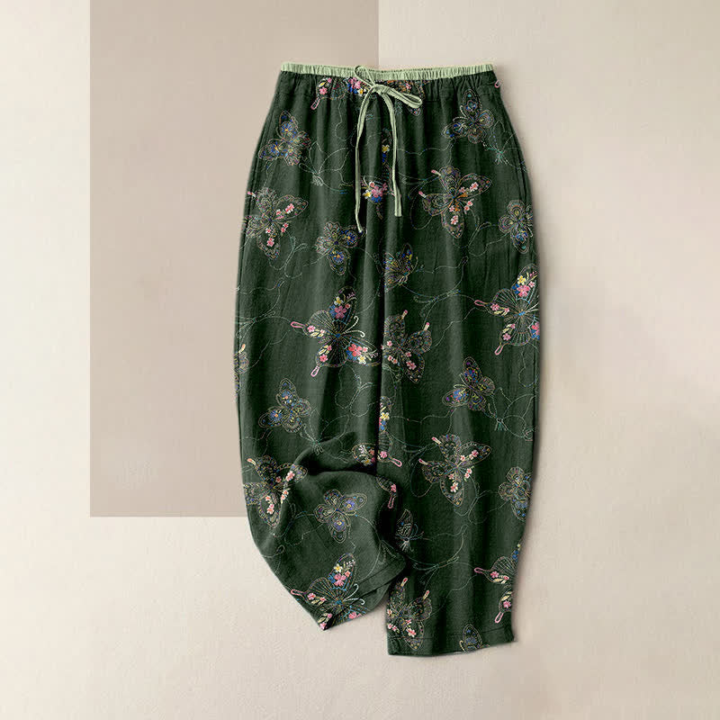 Buddha Stones Pure Cotton Vintage Floral Butterfly Pattern Women's Elastic Waist Pants With Pockets - DarkOliveGreen - US16，UK/AU20，EU48 (3XL) - image 5