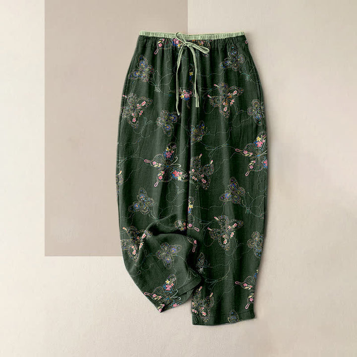 Buddha Stones Pure Cotton Vintage Floral Butterfly Pattern Women's Elastic Waist Pants With Pockets - DarkOliveGreen - US16，UK/AU20，EU48 (3XL) - image 5