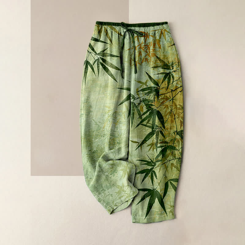 Buddha Stones Pure Cotton Ink Bamboo Pattern Women's Elastic Waist Pants With Pockets - LightGreen - US16，UK/AU20，EU48 (3XL) - image 0