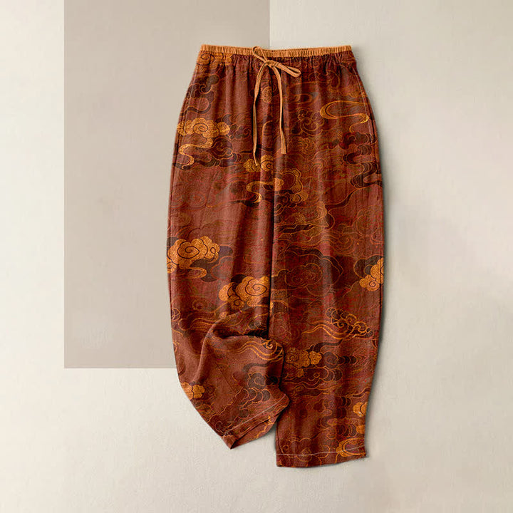 Buddha Stones Pure Cotton Oriental Cloud Pattern Women's Elastic Waist Pants With Pockets - Maroon - US16，UK/AU20，EU48 (3XL) - image 0