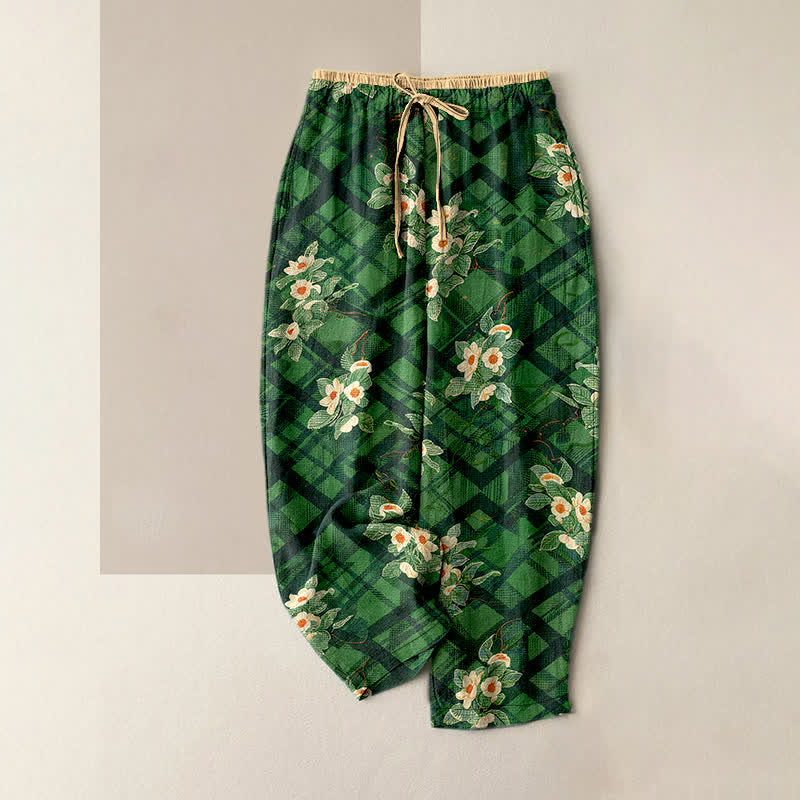 Buddha Stones Pure Cotton Vintage Floral and Grid Pattern Women's Elastic Waist Pants with Pockets - ForestGreen - US16，UK/AU20，EU48 (3XL) - image 0