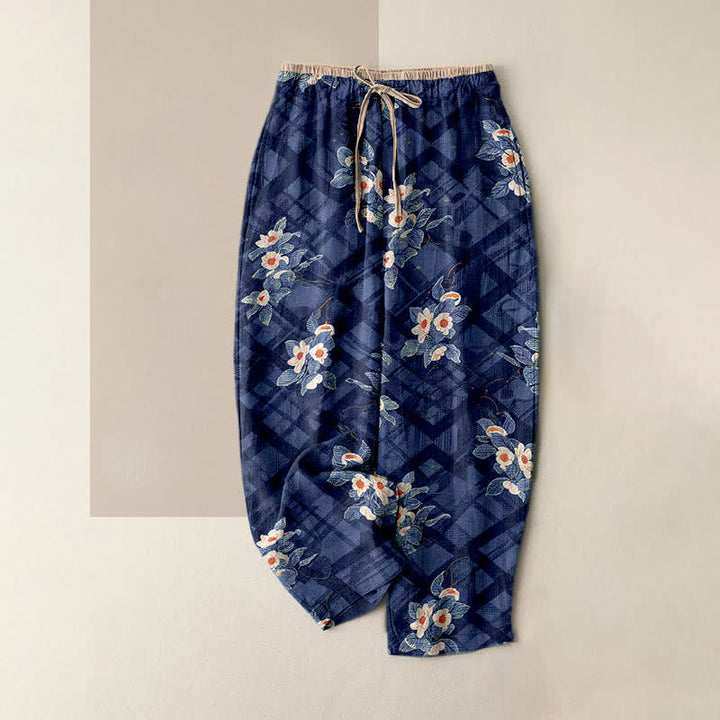 Buddha Stones Pure Cotton Vintage Floral and Grid Pattern Women's Elastic Waist Pants with Pockets - Navy - US16，UK/AU20，EU48 (3XL) - image 4