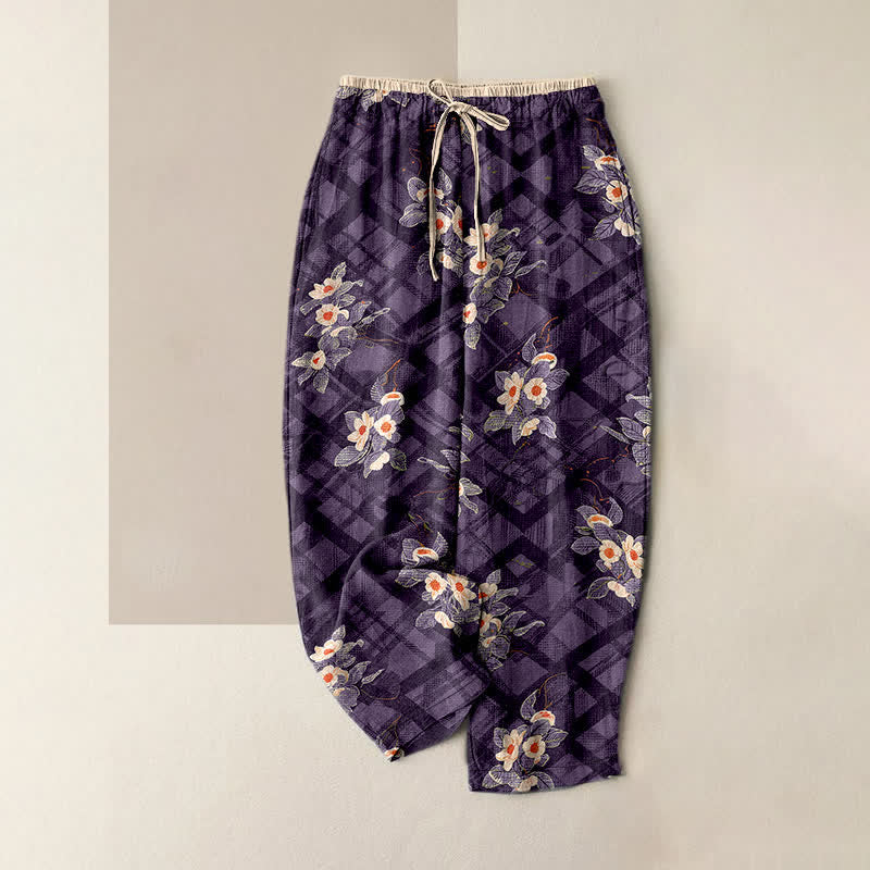 Buddha Stones Pure Cotton Vintage Floral and Grid Pattern Women's Elastic Waist Pants with Pockets - Purple - US16，UK/AU20，EU48 (3XL) - image 5