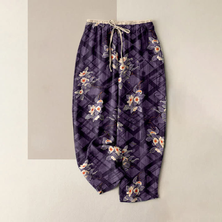 Buddha Stones Pure Cotton Vintage Floral and Grid Pattern Women's Elastic Waist Pants with Pockets - Purple - US16，UK/AU20，EU48 (3XL) - image 5
